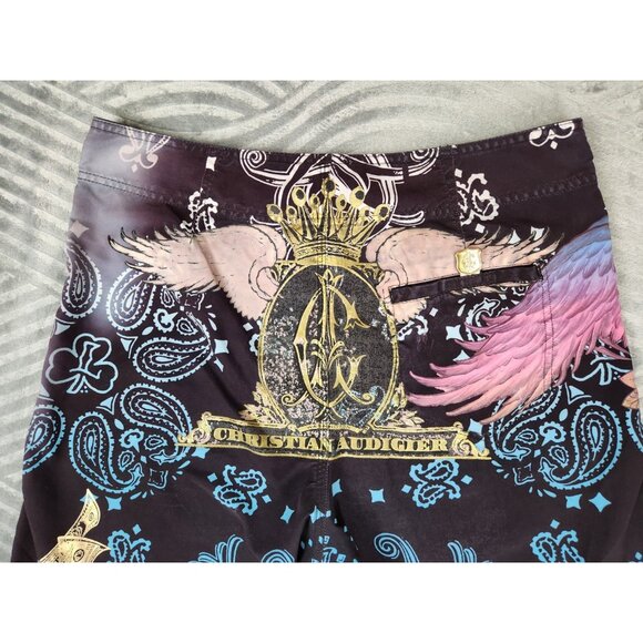 Christian Audigier Blow Smoke Board Shorts Size 34 Y2K Vintage Ed Hardy Skull - Picture 8 of 14
